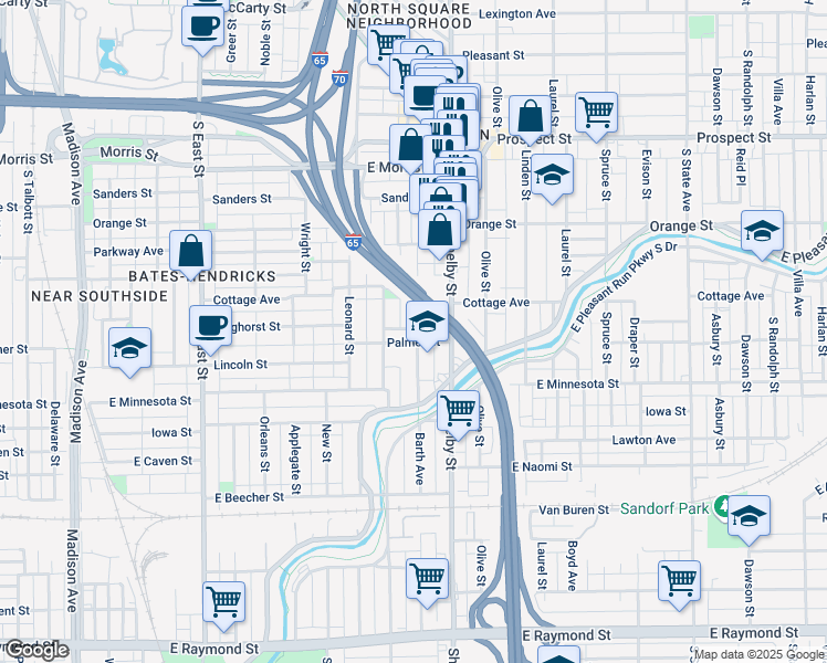 map of restaurants, bars, coffee shops, grocery stores, and more near 1548 Barth Avenue in Indianapolis