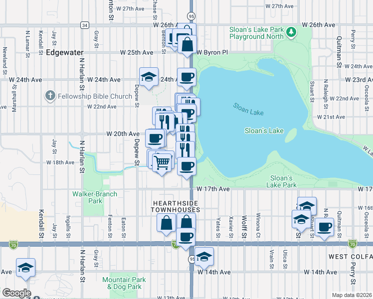 map of restaurants, bars, coffee shops, grocery stores, and more near 1911 Sheridan Boulevard in Edgewater