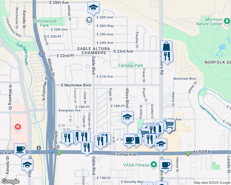 map of restaurants, bars, coffee shops, grocery stores, and more near in Aurora