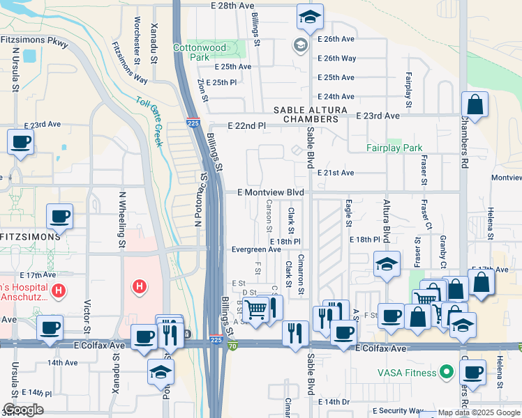 map of restaurants, bars, coffee shops, grocery stores, and more near 1969 Bounty Street in Aurora