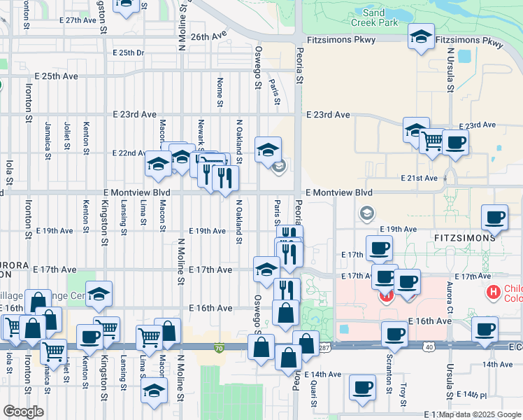 map of restaurants, bars, coffee shops, grocery stores, and more near 11940 East Montview Boulevard in Aurora