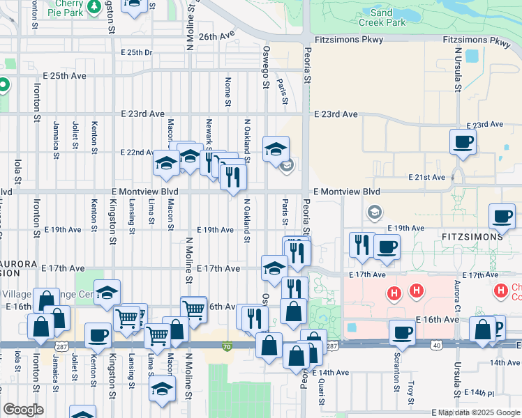 map of restaurants, bars, coffee shops, grocery stores, and more near 11858 East Montview Boulevard in Aurora