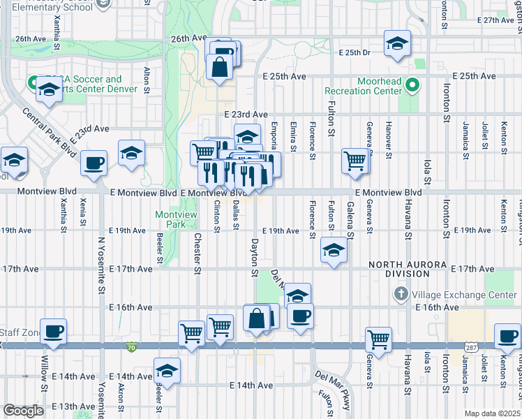 map of restaurants, bars, coffee shops, grocery stores, and more near in Aurora
