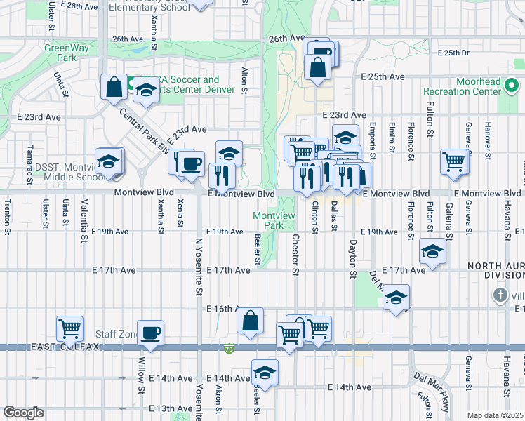 map of restaurants, bars, coffee shops, grocery stores, and more near 1979 Beeler Street in Aurora