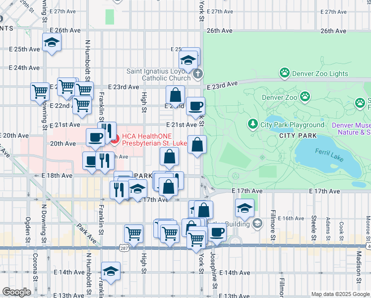 map of restaurants, bars, coffee shops, grocery stores, and more near 2000 North Gaylord Street in Denver