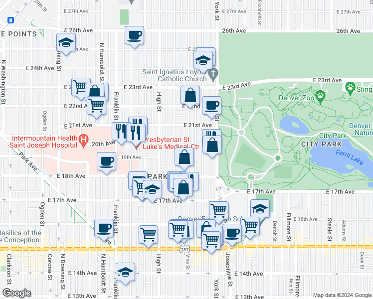 map of restaurants, bars, coffee shops, grocery stores, and more near 2027 East 20th Avenue in Denver