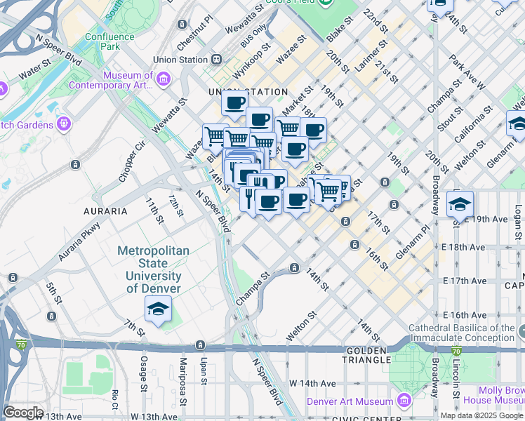 map of restaurants, bars, coffee shops, grocery stores, and more near 1401 Lawrence Street in Denver