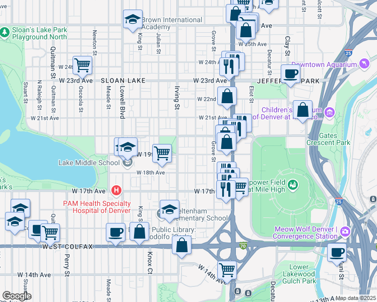 map of restaurants, bars, coffee shops, grocery stores, and more near 1915 Hooker Street in Denver