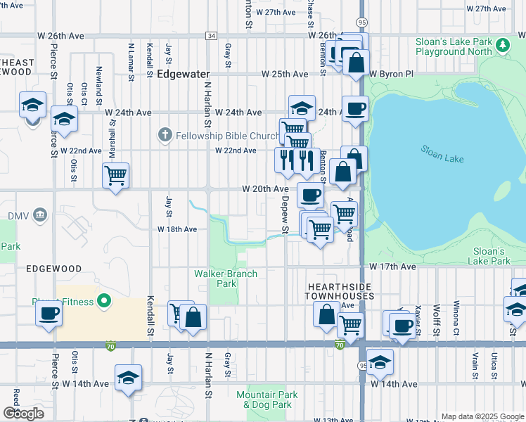 map of restaurants, bars, coffee shops, grocery stores, and more near 1945 Fenton Street in Edgewater