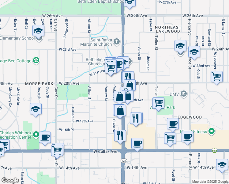 map of restaurants, bars, coffee shops, grocery stores, and more near 1940 Yukon Street in Lakewood