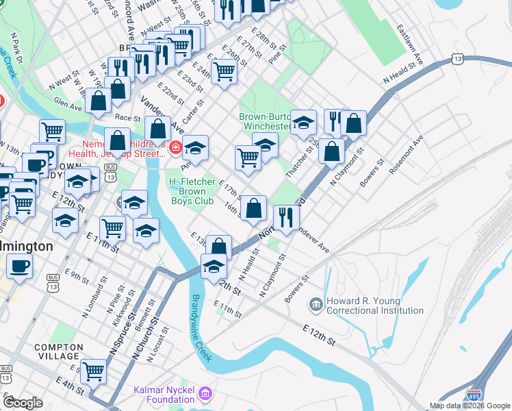 map of restaurants, bars, coffee shops, grocery stores, and more near 913 East 17th Street in Wilmington
