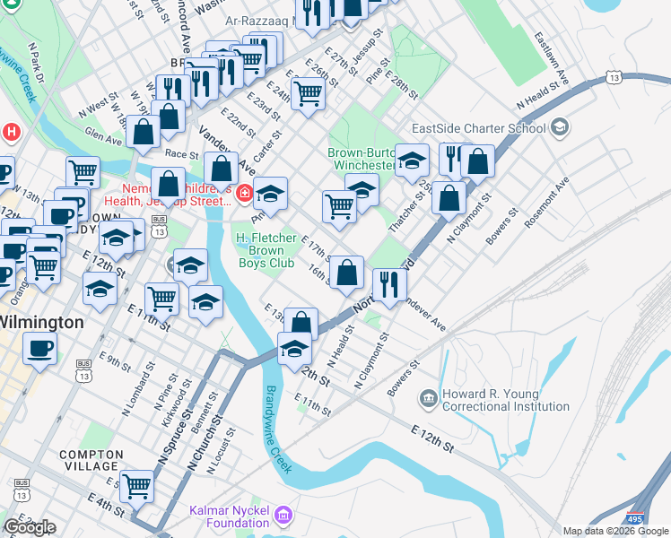 map of restaurants, bars, coffee shops, grocery stores, and more near 913 East 17th Street in Wilmington