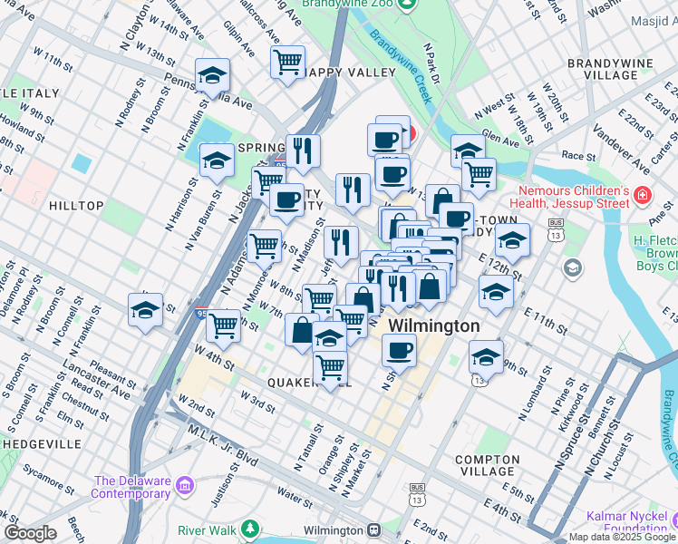map of restaurants, bars, coffee shops, grocery stores, and more near 603 West 9th Street in Wilmington