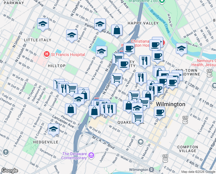 map of restaurants, bars, coffee shops, grocery stores, and more near in Wilmington