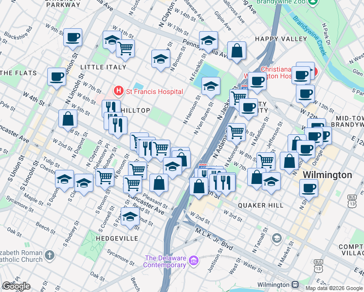 map of restaurants, bars, coffee shops, grocery stores, and more near 1102 West 7th Street in Wilmington