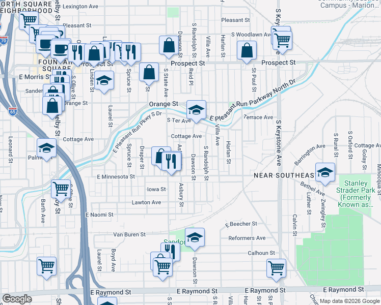 map of restaurants, bars, coffee shops, grocery stores, and more near 1524 Dawson Street in Indianapolis
