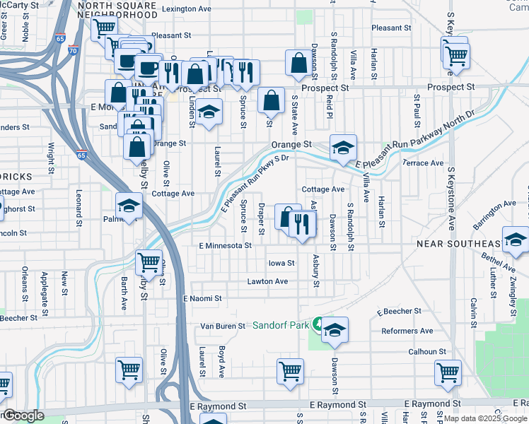 map of restaurants, bars, coffee shops, grocery stores, and more near 1518 Draper Street in Indianapolis