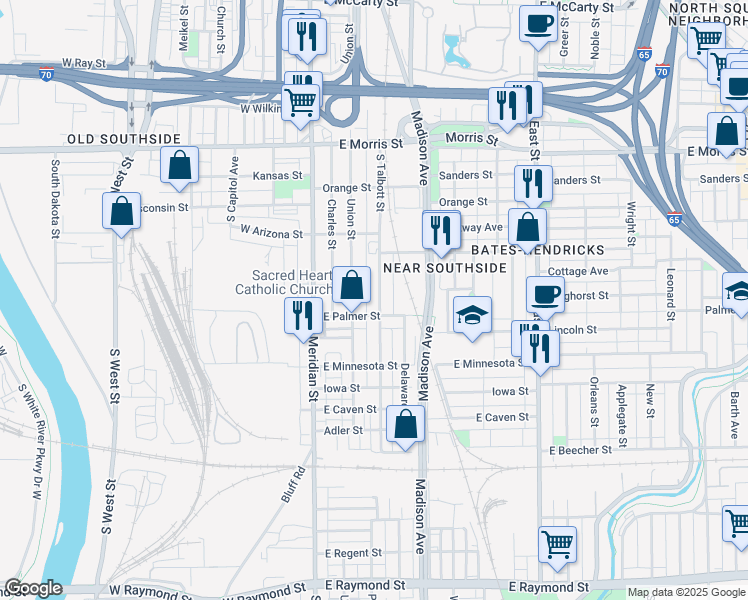 map of restaurants, bars, coffee shops, grocery stores, and more near 1509 Union Street in Indianapolis