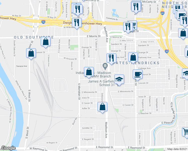 map of restaurants, bars, coffee shops, grocery stores, and more near 1509 Union Street in Indianapolis