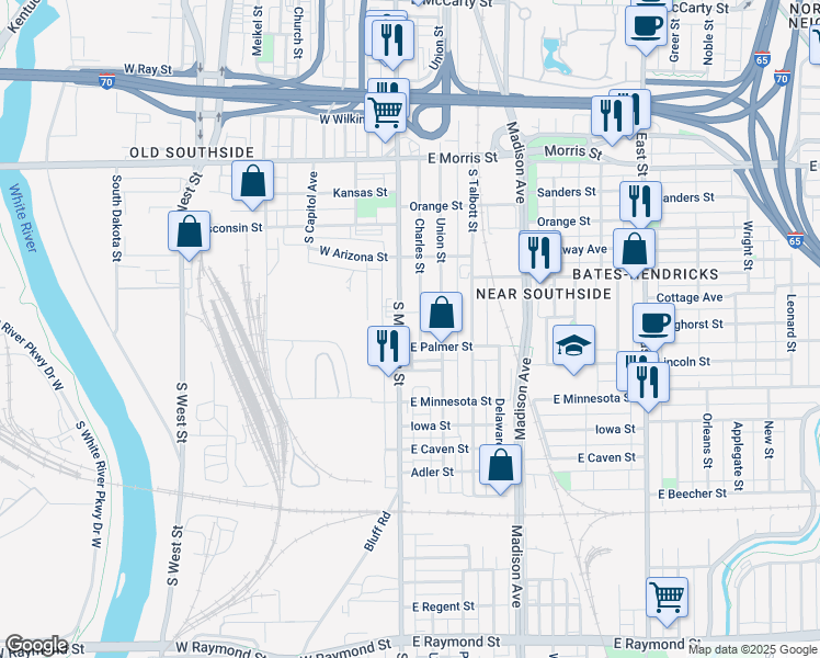 map of restaurants, bars, coffee shops, grocery stores, and more near 1469 South Meridian Street in Indianapolis