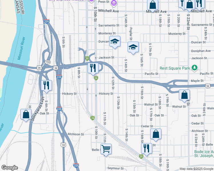 map of restaurants, bars, coffee shops, grocery stores, and more near 2137 South 11th Street in Saint Joseph