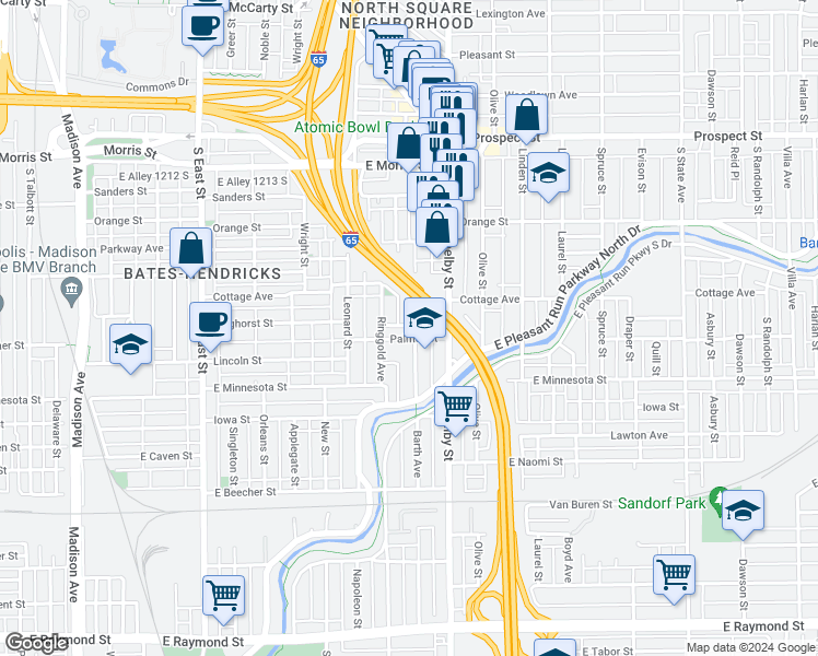 map of restaurants, bars, coffee shops, grocery stores, and more near 1546 Barth Avenue in Indianapolis