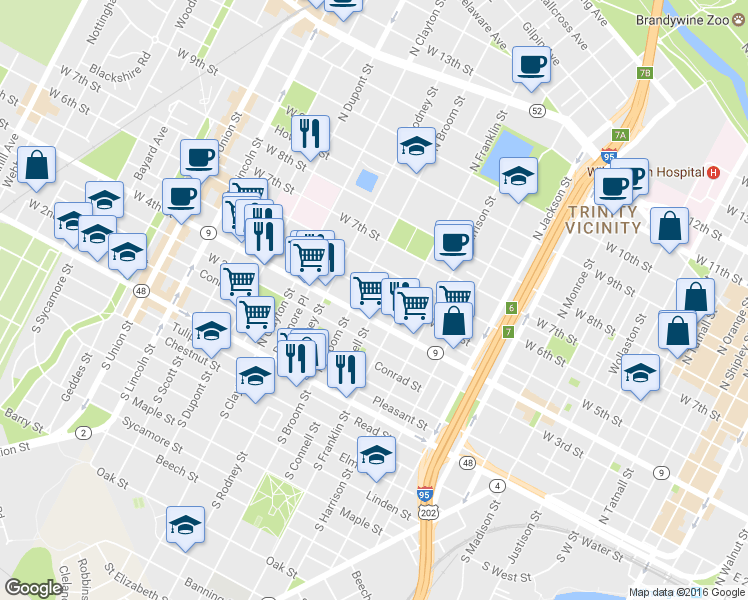 map of restaurants, bars, coffee shops, grocery stores, and more near 1328 West 5th Street in Wilmington