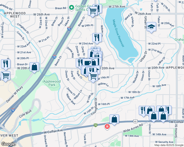 map of restaurants, bars, coffee shops, grocery stores, and more near in Applewood