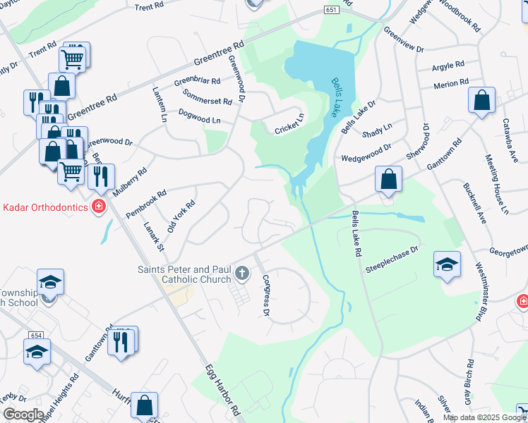 map of restaurants, bars, coffee shops, grocery stores, and more near 3 George Taylor Building in Washington Township