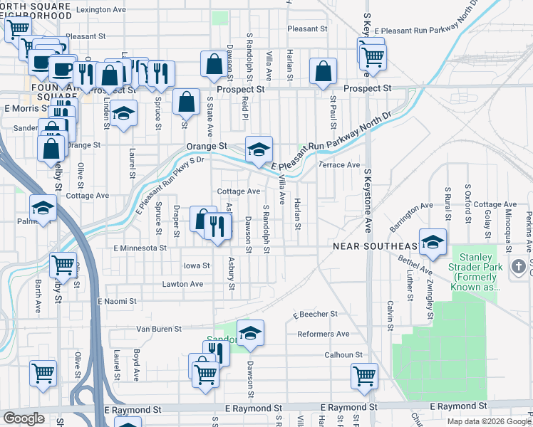 map of restaurants, bars, coffee shops, grocery stores, and more near 1535 South Randolph Street in Indianapolis