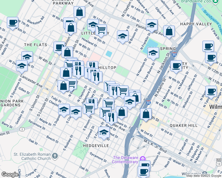 map of restaurants, bars, coffee shops, grocery stores, and more near 1328 West 5th Street in Wilmington