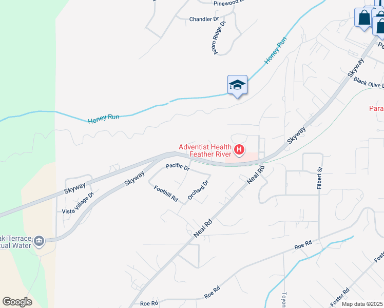 map of restaurants, bars, coffee shops, grocery stores, and more near 4911 Skyway Road in Paradise