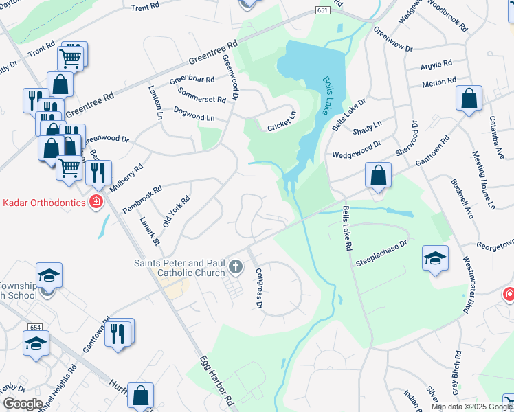 map of restaurants, bars, coffee shops, grocery stores, and more near 3 George Taylor Building in Washington Township