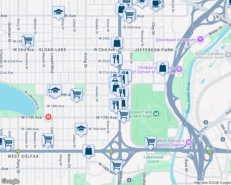 map of restaurants, bars, coffee shops, grocery stores, and more near 1935 U.S. 287 in Denver