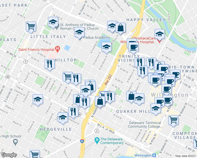map of restaurants, bars, coffee shops, grocery stores, and more near 1020 West 7th Street in Wilmington