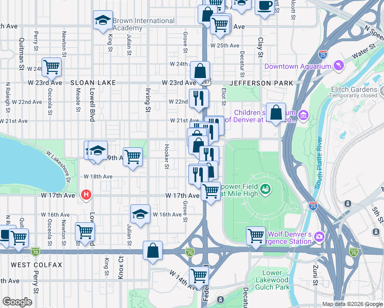 map of restaurants, bars, coffee shops, grocery stores, and more near in Denver