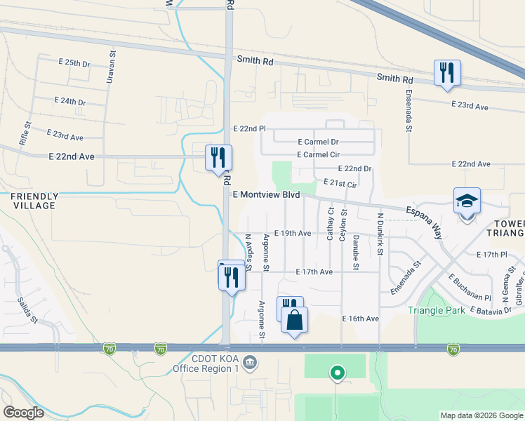 map of restaurants, bars, coffee shops, grocery stores, and more near 1990 Tower Road in Aurora