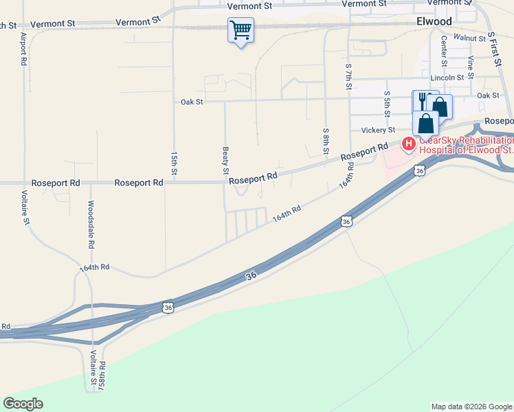 map of restaurants, bars, coffee shops, grocery stores, and more near 1104 Roseport Road in Elwood