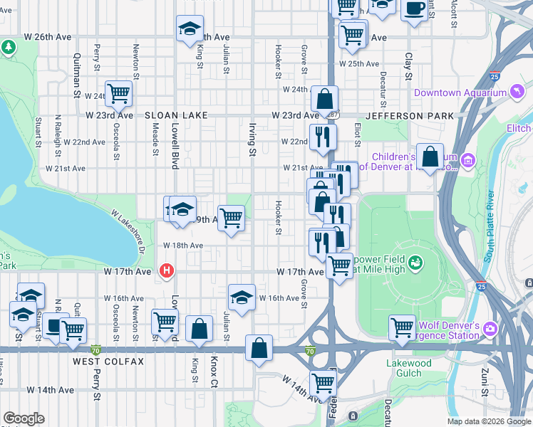 map of restaurants, bars, coffee shops, grocery stores, and more near 1915 Hooker Street in Denver