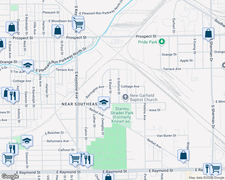 map of restaurants, bars, coffee shops, grocery stores, and more near 1500 South Rural Street in Indianapolis