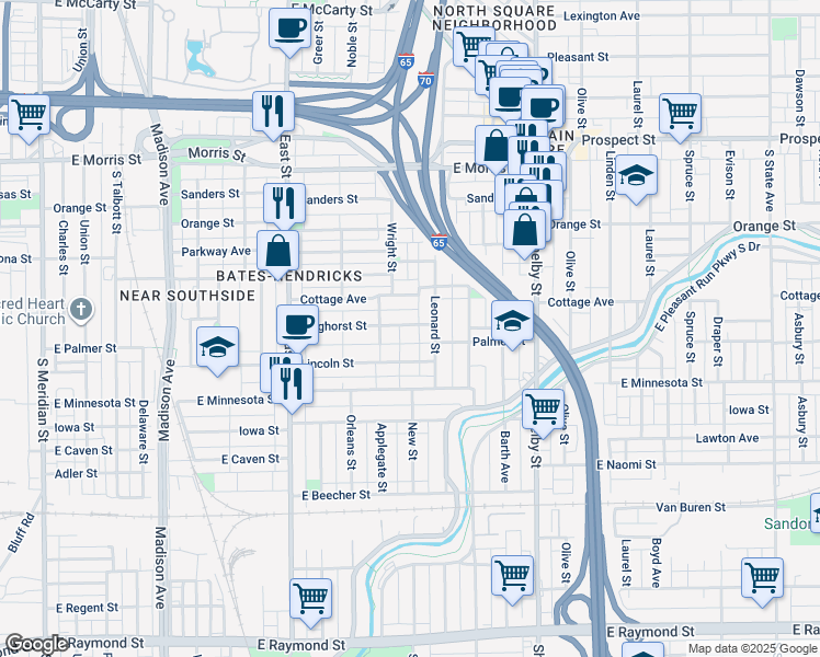 map of restaurants, bars, coffee shops, grocery stores, and more near 826 Weghorst Street in Indianapolis