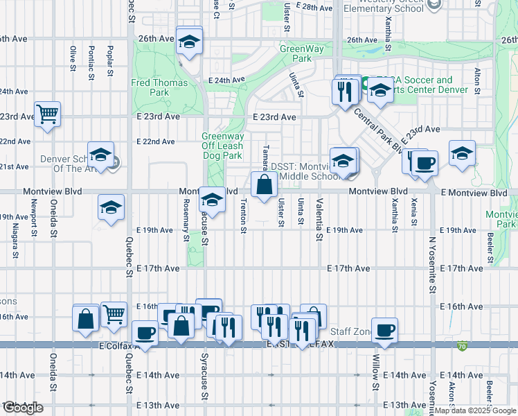 map of restaurants, bars, coffee shops, grocery stores, and more near 8008 Montview Boulevard in Denver