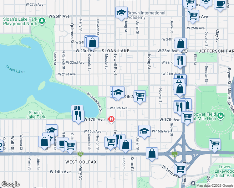 map of restaurants, bars, coffee shops, grocery stores, and more near 1910 Lowell Boulevard in Denver