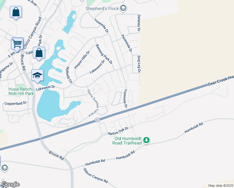 map of restaurants, bars, coffee shops, grocery stores, and more near 105 Echo Peak Terrace in Chico