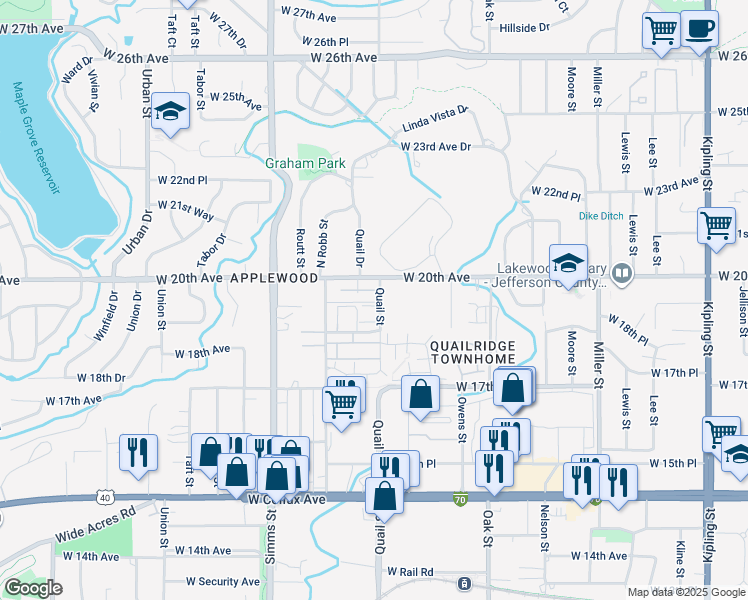 map of restaurants, bars, coffee shops, grocery stores, and more near 11256 West 20th Avenue in Lakewood