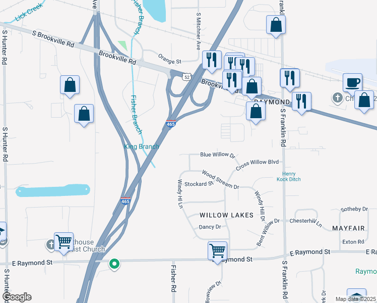 map of restaurants, bars, coffee shops, grocery stores, and more near 7540 Blue Willow Drive in Indianapolis