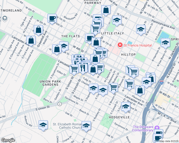 map of restaurants, bars, coffee shops, grocery stores, and more near 118 Delaware 2 in Wilmington
