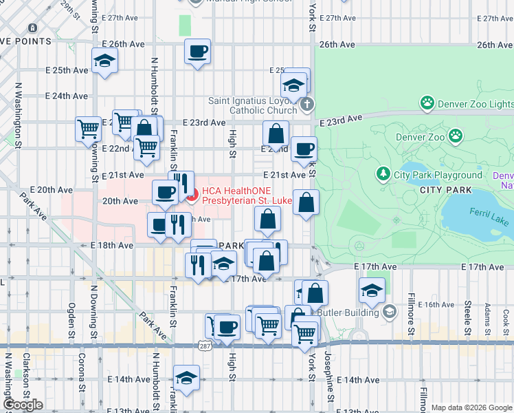 map of restaurants, bars, coffee shops, grocery stores, and more near 2000 East 20th Avenue in Denver