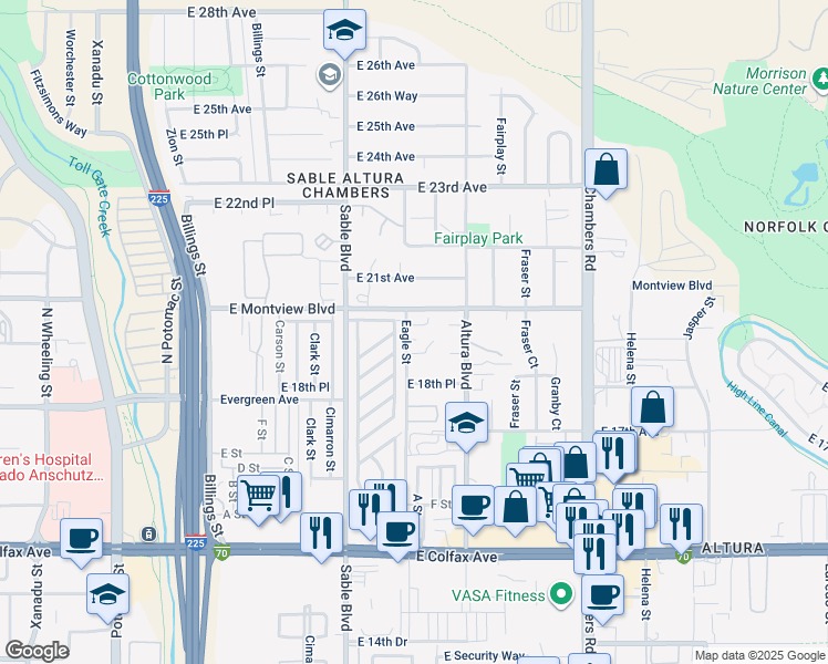 map of restaurants, bars, coffee shops, grocery stores, and more near in Aurora
