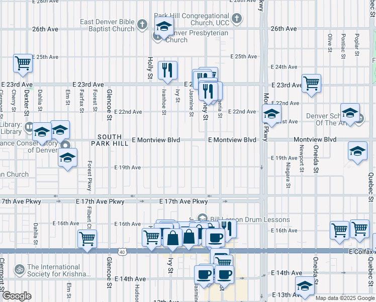 map of restaurants, bars, coffee shops, grocery stores, and more near 1965 Jasmine Street in Denver
